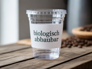 Ein Bild eines Plastikbechers, auf dem die Aussage "biologisch abbaubar" steht