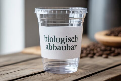 Ein Bild eines Plastikbechers, auf dem die Aussage "biologisch abbaubar" steht